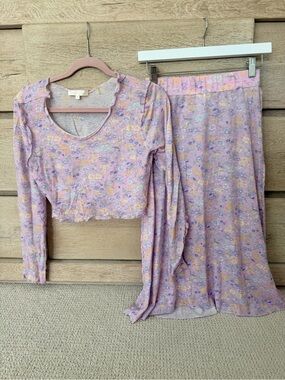 LoveShackFancy Lavender Floral Long Sleeve Crop Top & Skirt Set